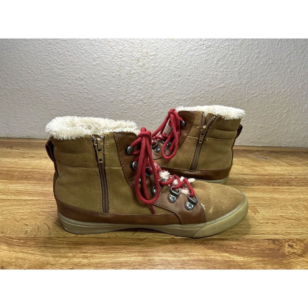 American Eagle Boots Womens 9 Faux Fur Lined Brown Leather Lace Up Zip Up‎
